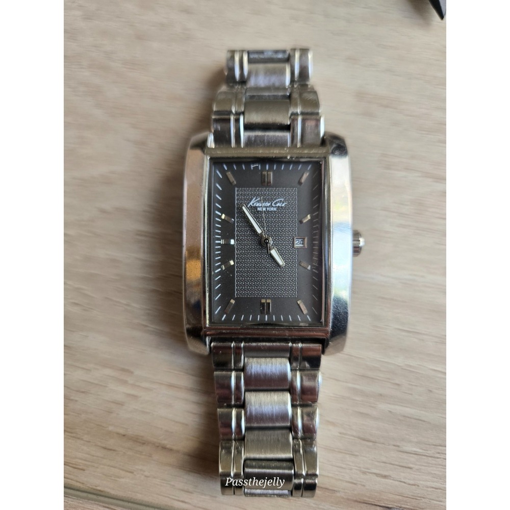 Kenneth Cole Watch Mens Rectangular Tank Date Steel Bracelet Quartz vtg